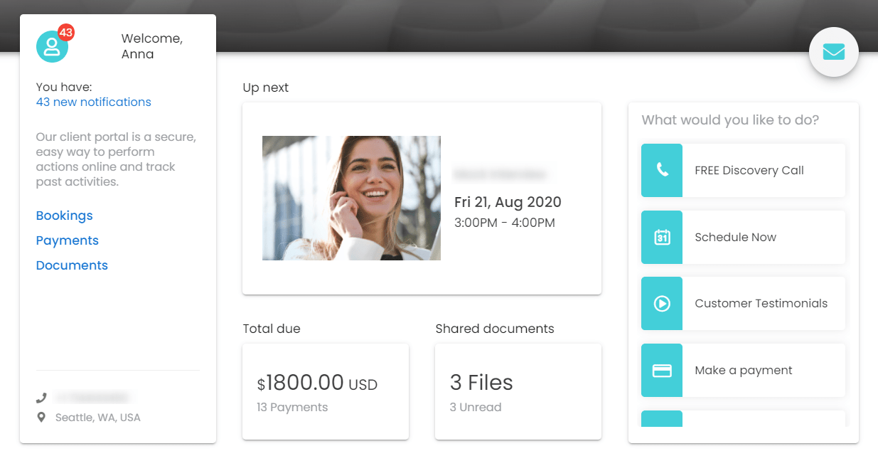 Vcita's Client portal