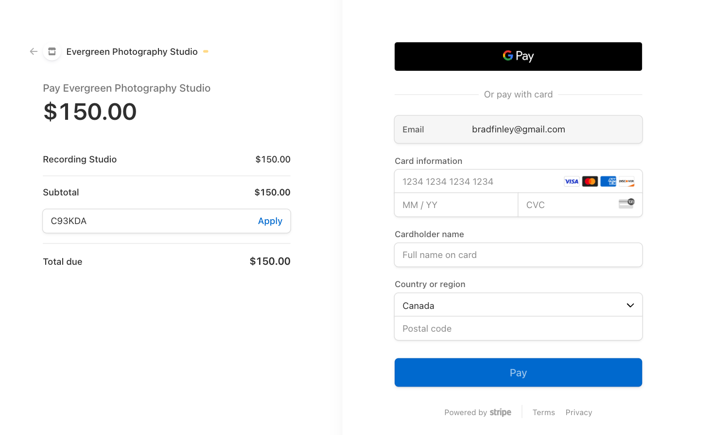 You can integrate payment options through Stripe to secure studio bookings upfront