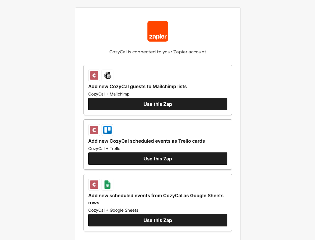 CozyCal integrates with Zapier, allowing seamless connections to hundreds of tools