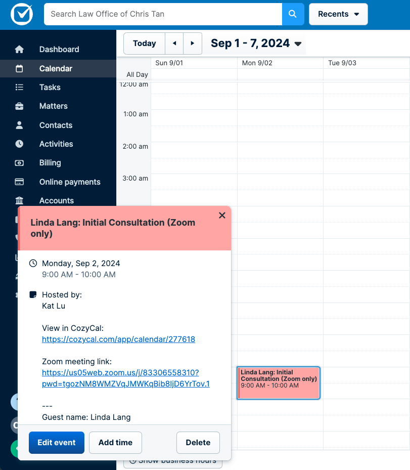 Scheduled appointments through CozyCal are sent automatically to Clio Manage calendar