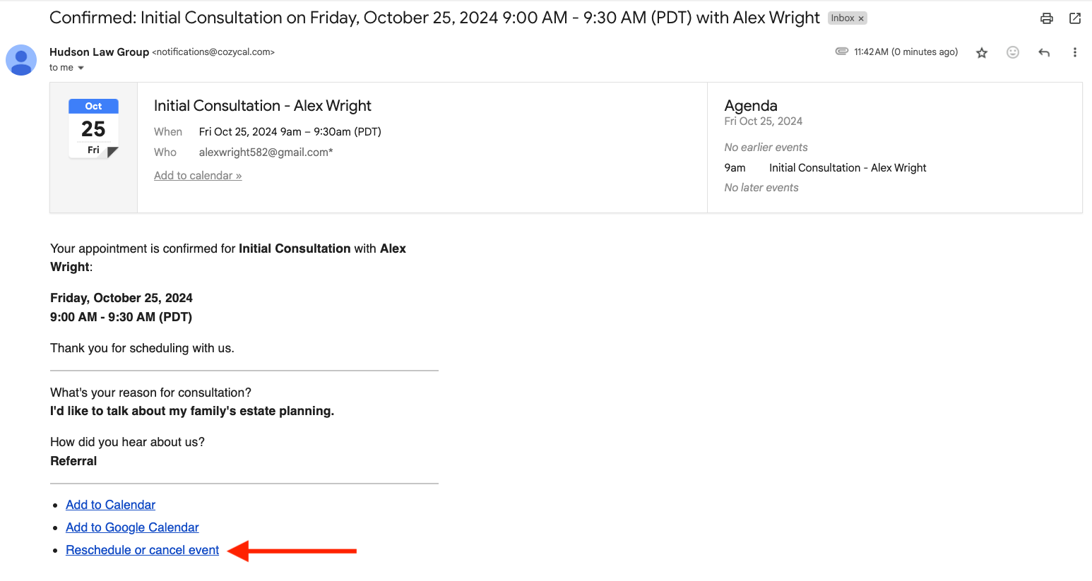CozyCal guest-initiated rescheduling confirmation email rescheduling link