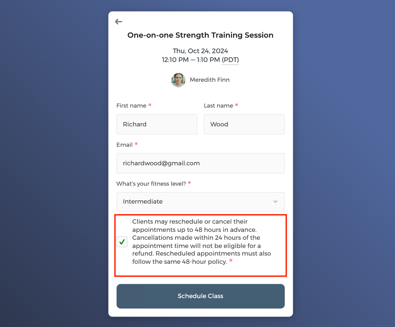 Add a cancellation and rescheduling policy to the intake form