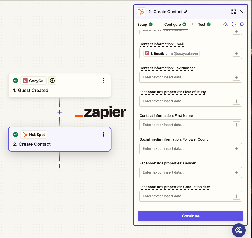 Create a zap to send new guests contact information to Hubspot