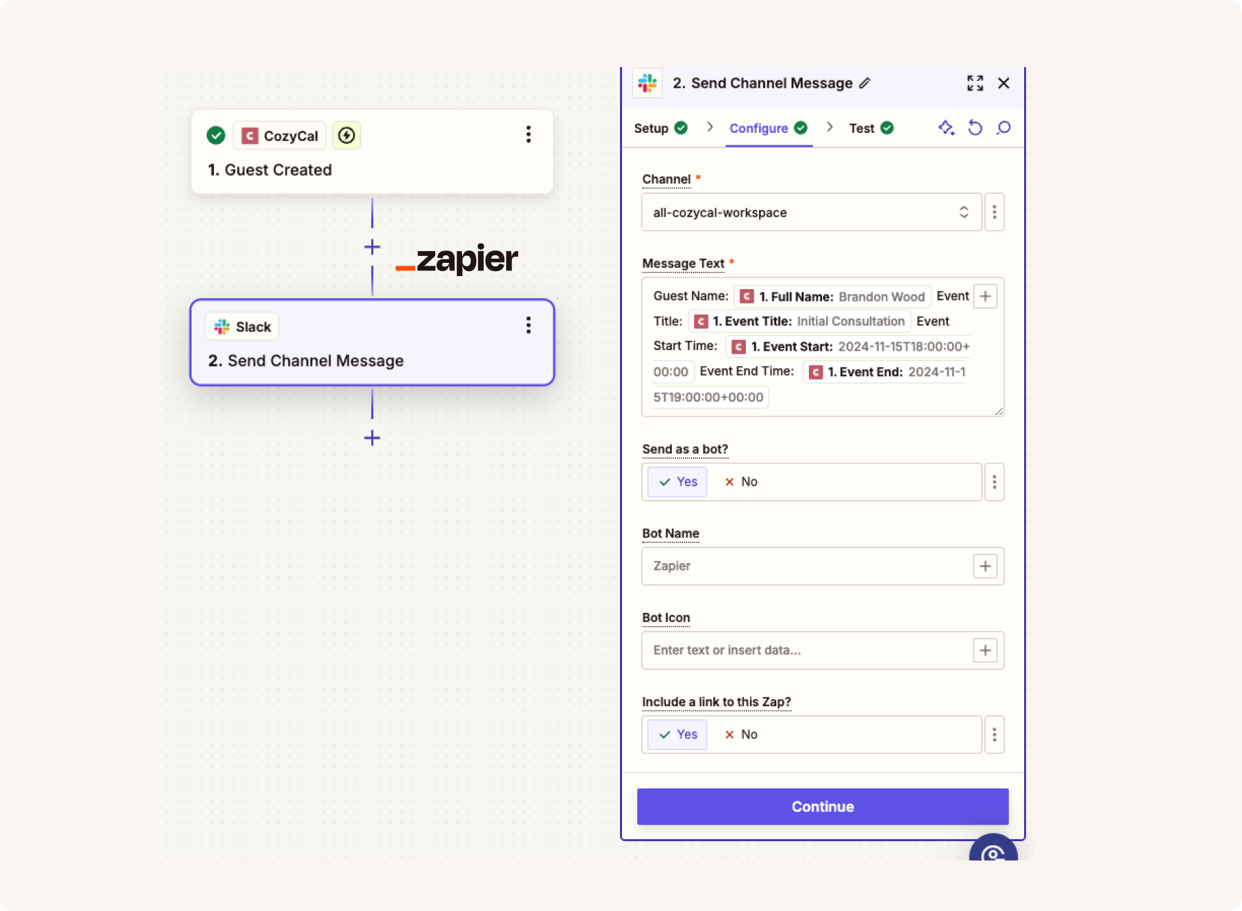Create a zap to send CozyCal bookings notifications to Slack