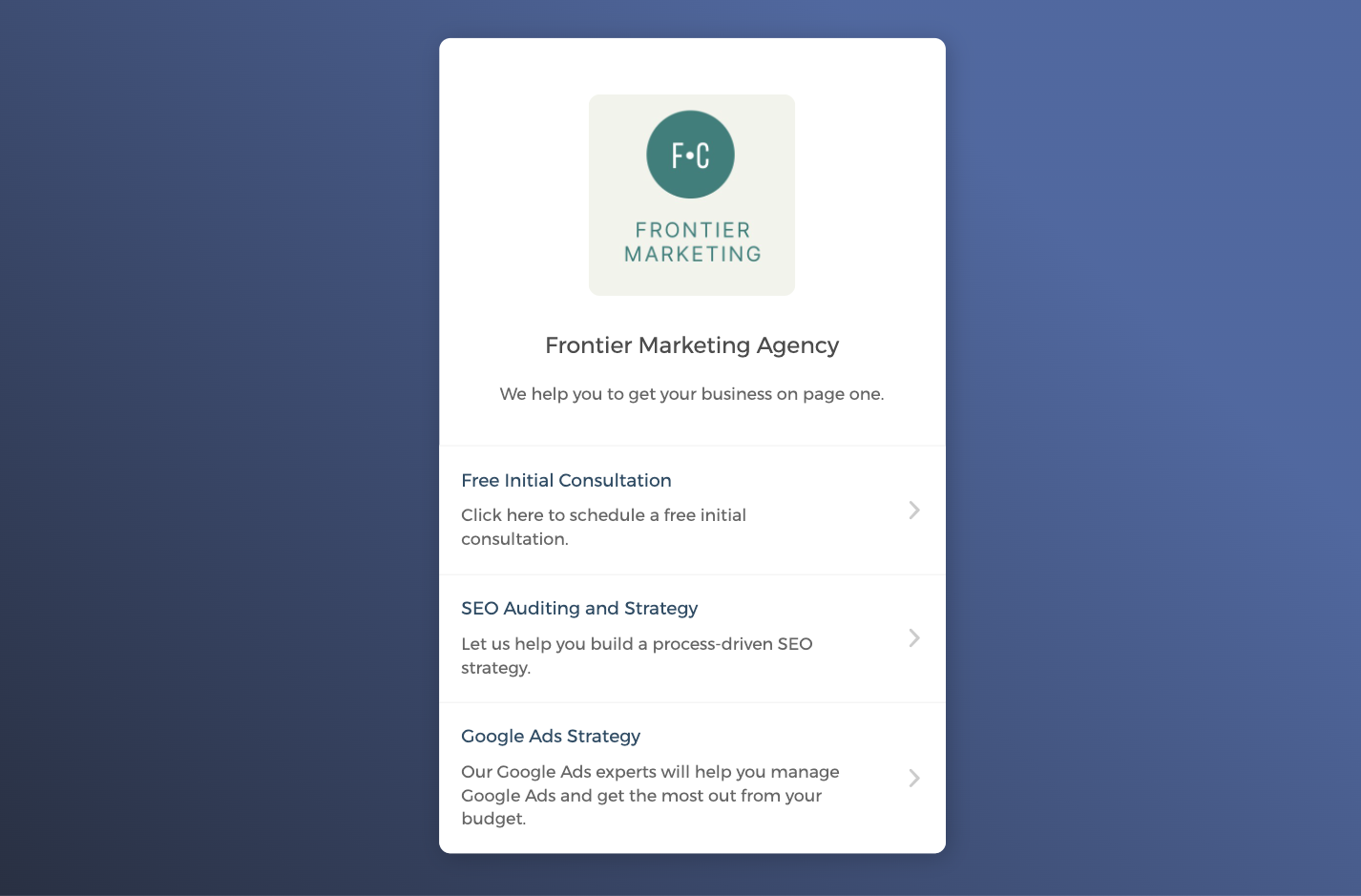Frontier Marketing booking page